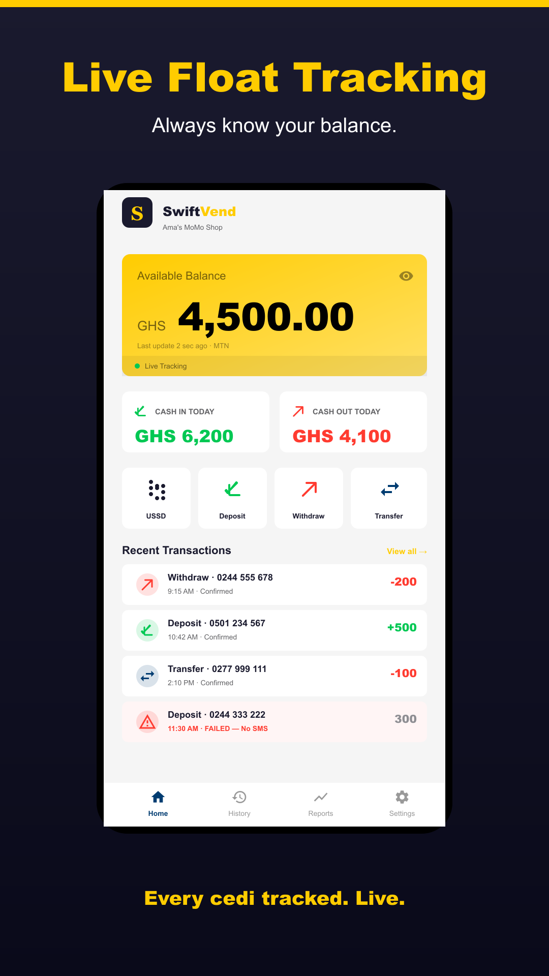SwiftVend home screen showing live float balance and transactions